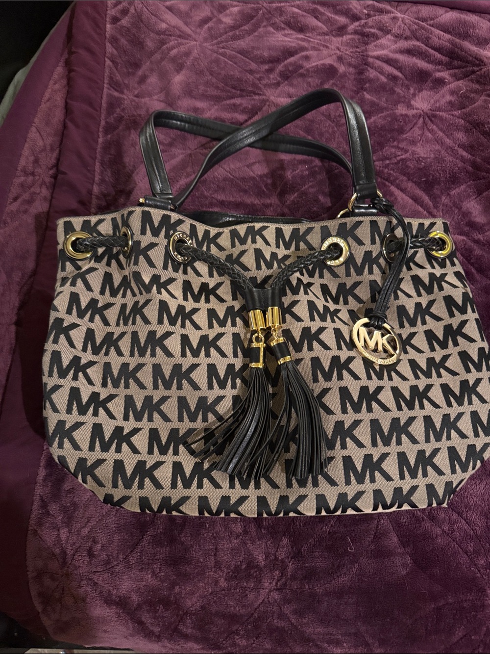 Michael Kors Beige and Black MK Logo Drawstring Tote with Tassels